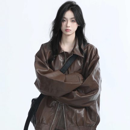 2025 Maillard Brown Vegan Leather Jacket - Women's Retro American Biker Style