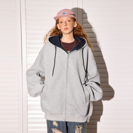 American Color-Block Hooded Cardigan - Women's Oversized Loungewear Zip-Up